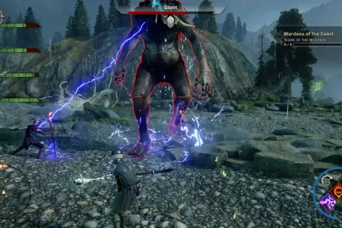 Bitwa z olbrzymem w Dragon Age: Inkwizycja DLC. Gracze walczą z potężnym przeciwnikiem, używając magii i broni.