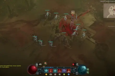 W walce o twierdze w Diablo 4, armia szkieletów i potężny kościany potwór atakują.
