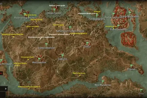Mapa z Wiedźmina 3, z zaznaczonymi miejscami, w tym "Wyśmienity pancerz niedźwiedzia" - klucz do zdobycia zbroi Wiedźmin 3 niedźwiedzia.