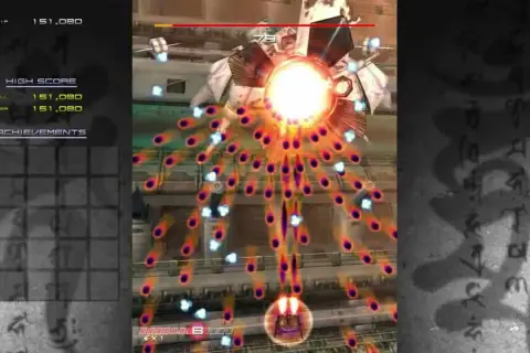 Statek kosmiczny walczy z hordą wrogów, unikając deszczu pocisków w grze typu bullet hell.