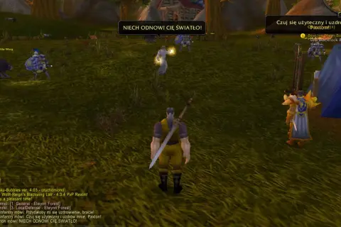 Gracze w grze WoW po polsku, jeden z nich woła: "NIECH ODNOWI CIĘ ŚWIATŁO!".