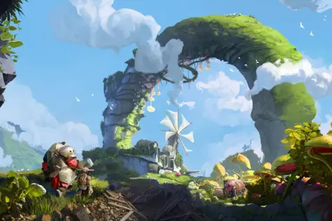 Dwaj bohaterowie w zbrojach przemierzają malowniczy świat, który mógłby być tłem dla Guild Wars 3. Wiatrak i bujna roślinność tworzą magiczną atmosferę.