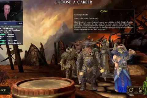 Wybór klasy Zealot w Warhammer Online. Postacie w mrocznych szatach i zbrojach, gotowe do walki.