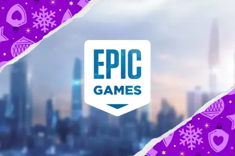 Logo Epic Games na tle miasta, otoczone świątecznymi ozdobami. Czyżby zapowiedź kolejnych epic games leaks?