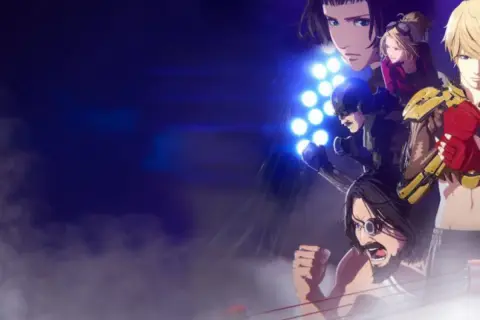 Postacie z anime sztuki walki w ringu, gotowe do walki pod światłami.