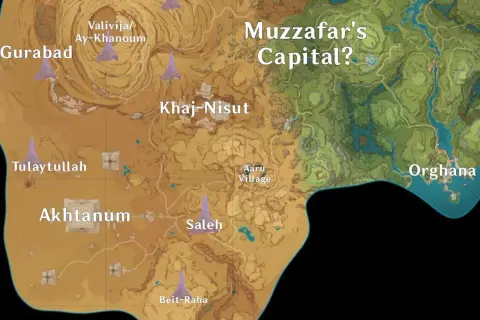 Mapa Genshin Sumeru z zaznaczonymi lokacjami: Gurabad, Tulaytullah, Akhtanum, Valivija/Ay-Khanoum, Khaj-Nisut, Aaru Village, Saleh, Beit-Raha i Orghana.
