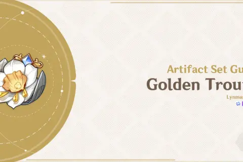 Przewodnik po zestawie artefaktów Golden Troupe z Genshin Impact. Biały kwiat z złotymi detalami.