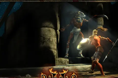 Wojowniczka z tarczą i włócznią walczy z potworem w masce faraona. To mroczna przygoda na ścieżce Diablo.