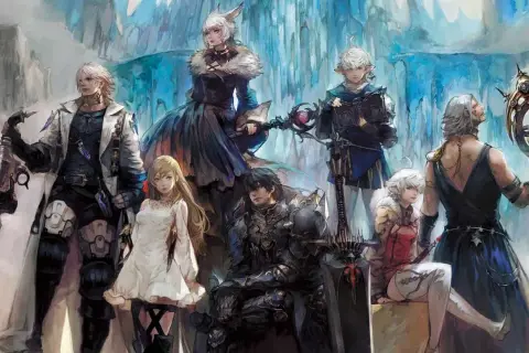 Postacie z Final Fantasy XIV, popularnego final fantasy mmo, pozują na tle lodowych krajobrazów.