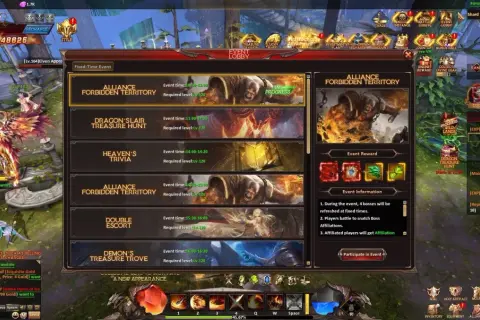 W grze League of Angels trwa wydarzenie "Alliance Forbidden Territory". Gracze walczą o terytoria, a w tle widać potężnego anioła.