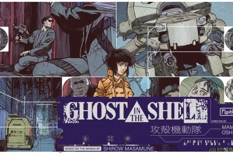 Kolaż z motywami orient anime, przedstawiający postacie i sceny z Ghost in the Shell, w tym Motoko Kusanagi i czołg.