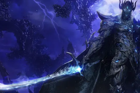 Mroczny wojownik z błyszczącą zbroją i mieczem, gotowy do walki w świecie Lost Ark Mobile.
