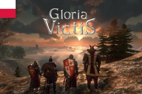 Rycerze w zbrojach patrzą na zachód słońca nad jeziorem. Polska flaga i logo "Gloria Victis" sugerują polski origin online.
