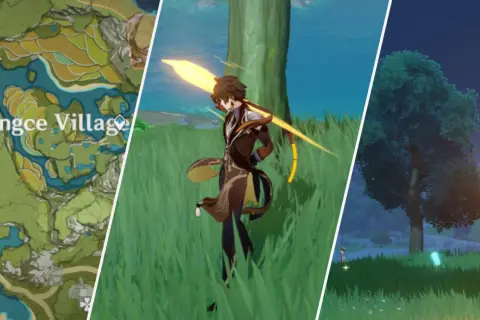 Mapa Qingce Village, postać z Genshin Impact zbierająca sandbearer wood, nocny krajobraz z drzewem.