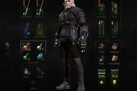 Geralt w zbroi Wróbla (Witcher 3 Viper Armor), z mieczami, eliksirami i ekwipunkiem.
