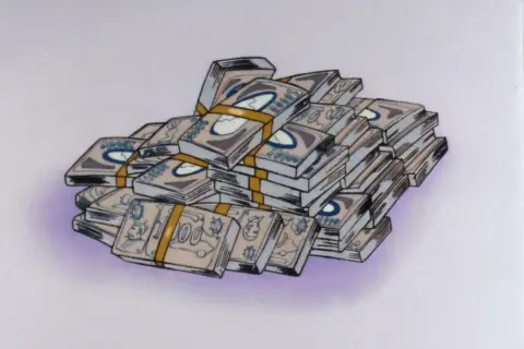 Góra pieniędzy, stos banknotów z napisem "100" i symbolami, jakby to były zeni.