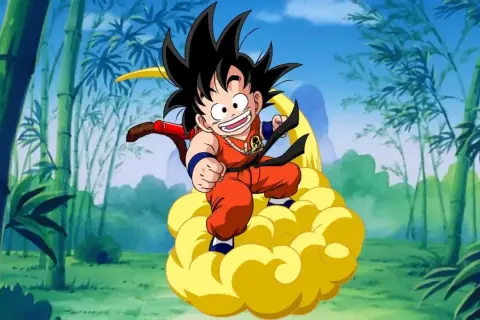 Goku na latającej chmurce, gotowy na lunch w stylu Dragon Ball, wśród bambusowego lasu.