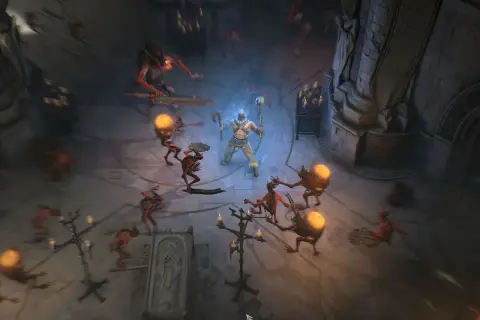 Wojownik na **diablo 4 max level** walczy z hordą demonów w mrocznym lochu.