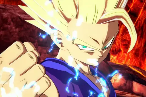 Gohan w formie Super Saiyanina, otoczony niebieskimi błyskawicami, gotowy do walki w grze Dragon Ball RPG.