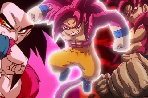 Goku Super Saiyan 4 w akcji, otoczony różową aurą, szykuje się do ataku. Obok niego widać inne postacie w tej samej formie.