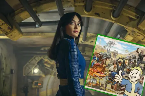 Kobieta w niebieskim kombinezonie Vault-Tec na tle postapokaliptycznego krajobrazu z gry Fallout online.