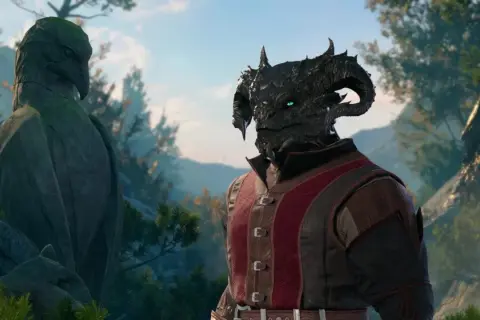 Warlock BG3, smoczy wojownik z zielonymi oczami, stoi obok kamiennego posągu ptaka, w tle góry i las.