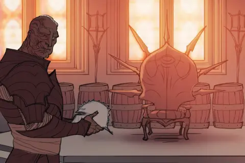 Mroczny wojownik w zbroi trzyma hełm, stojąc przed tronem. Scena z Dragon Age: Inquisition, gdzie smoki są zagrożeniem.