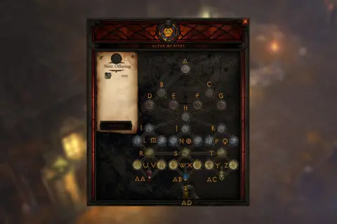 Interfejs Altar of Rites z Diablo 3. Gracze składają ofiary, by odblokować ulepszenia, a ich podróż przez Sanktuarium jest jak skamieniały krzyk historii.