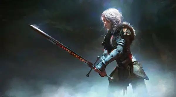 Wojowniczka z runicznym mieczem, gotowa do walki. Prawdziwy great weapon master 5e.