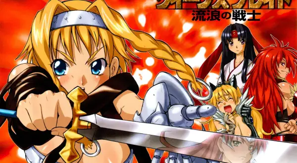 Postacie z anime Queen's Blade, w tym wojowniczki z mieczami i zbrojami, na tle płomieni.