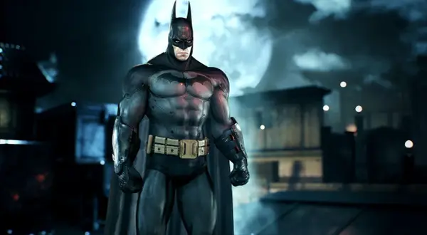 Batman stoi na tle księżycowej nocy nad Arkham. Ciemna sylwetka Mrocznego Rycerza, gotowego do akcji w Azylu Arkham.