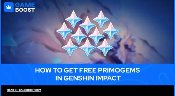Dziesięć błyszczących kryształów Primogem na tle postaci z Genshin Impact. Poradnik, jak zdobyć darmowe Primogemy w Genshin Impact, idealny na każdy event.