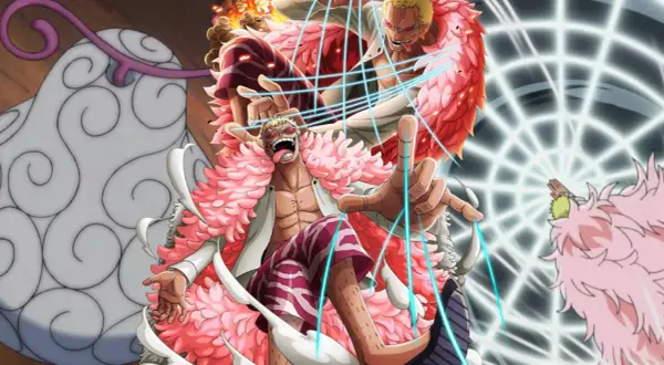 Doflamingo z One Piece w akcji, otoczony swoimi różowymi piórami i niebieskimi nićmi.