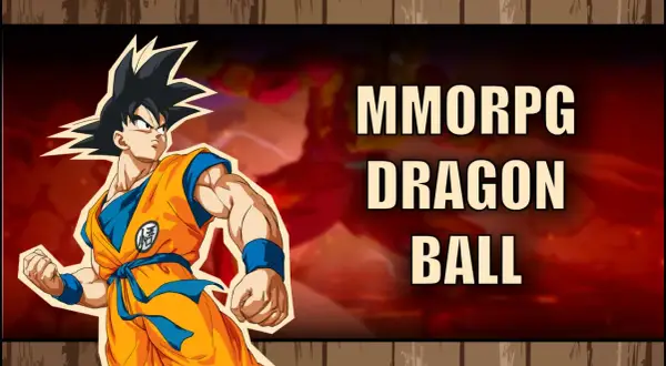 Goku w pomarańczowym gi szykuje się do walki w strefie Dragon Ball. Napis "MMORPG DRAGON BALL" zapowiada grę.