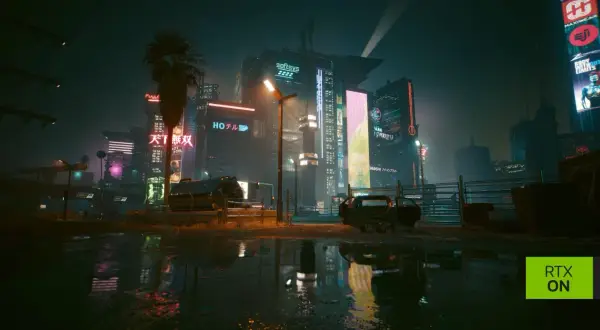 Nocne Night City po aktualizacji Cyberpunk 2077. Neonowe reklamy odbijają się w kałużach, a zniszczony samochód stoi obok.