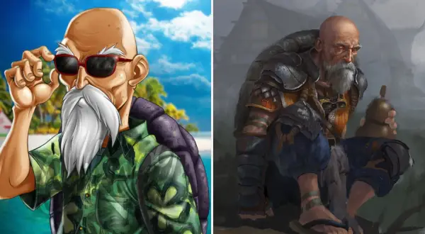 Master Roshi w okularach przeciwsłonecznych na plaży i ten sam mistrz w zbroi, z brodą i butelką.