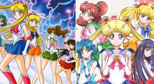 Sailor Moon anime: wojowniczki w strojach z błyskawicami i kwiatami.