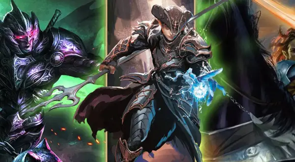 Eldritch knight w zbroi, z mieczem i magiczną kulą energii. Obok mroczna postać i ork.