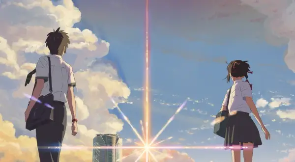 Chłopiec i dziewczyna patrzą na niebo, gdzie rozbłyska światło. Czy to znak, że ich losy się połączą, jak w "Kimi no na"?