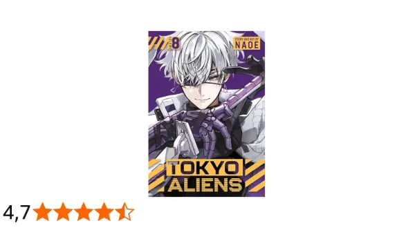 Okładka mangi "Tokyo Aliens" z Tomem 8. Młody mężczyzna z białymi włosami i fioletowymi akcentami, w futurystycznym stroju, gotowy do walki z kosmitami.