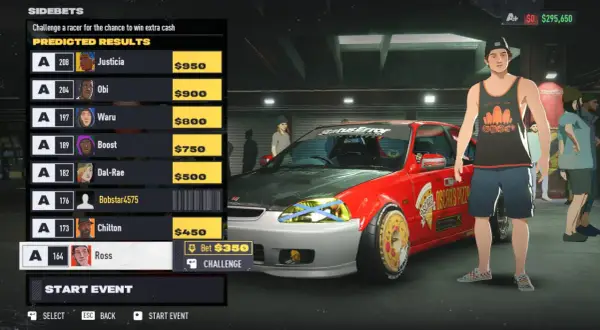 Gracz w grze NFS Edge przygotowuje się do wyzwania, wybierając przeciwnika z listy.