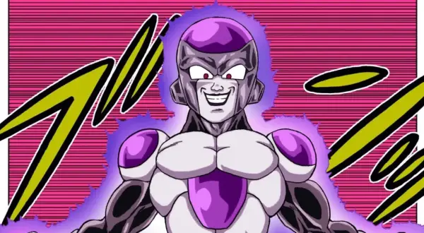 Złowrogi Frieza z Dragon Ball, otoczony fioletową aurą, uśmiecha się złowieszczo na tle różowych linii i żółtych błyskawic.
