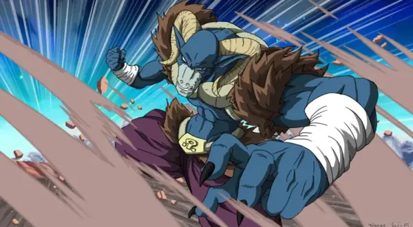 Moro, potężny złoczyńca z Dragon Ball, w akcji. Jego niebieska skóra i rogi dodają mu groźnego wyglądu.