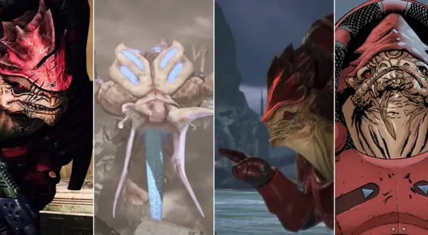Cztery różne ujęcia Wrex z Mass Effect: groźny wojownik, jego głowa z bliska, w zbroi i w komiksowym stylu.