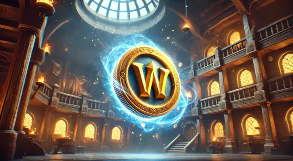 Złoty symbol "W" otoczony niebieską energią, unoszący się wewnątrz wielkiej, drewnianej sali z balkonami i oknami. To symboliczny wow token.