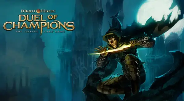 Mroczny łotrzyk z błyszczącym sztyletem w ręku, gotowy do walki w grze Might & Magic: Duel of Champions.