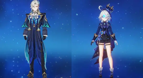 Dwaj bohaterowie Genshin Impact, wysoki mężczyzna i niższa dziewczyna, prezentują swoje stroje. Różnice w **genshin characters height** są widoczne.