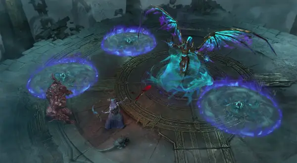 Diablo 4 update: walkiria walczy z potworem i demonem w otoczeniu magicznych kręgów.