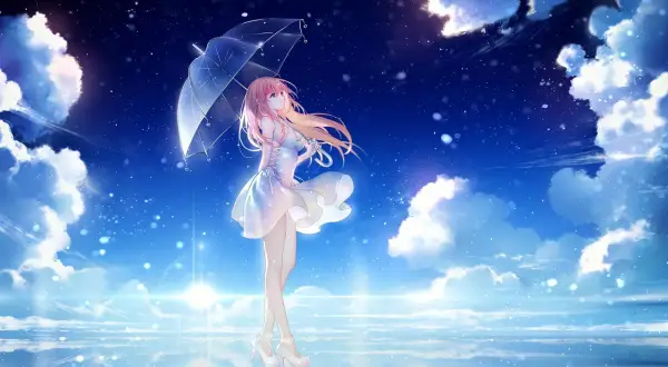 Urocze anime dziewczynki z różowymi włosami, trzymające przezroczysty parasol, stoją na lustrzanej tafli wody pod rozgwieżdżonym niebem.