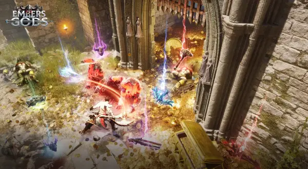 Bitwa w świecie Embers of the Gods, gdzie gracze walczą o skarby. To jedna z tych emocjonujących, **stare gry mmo**, które wciągają na długie godziny.